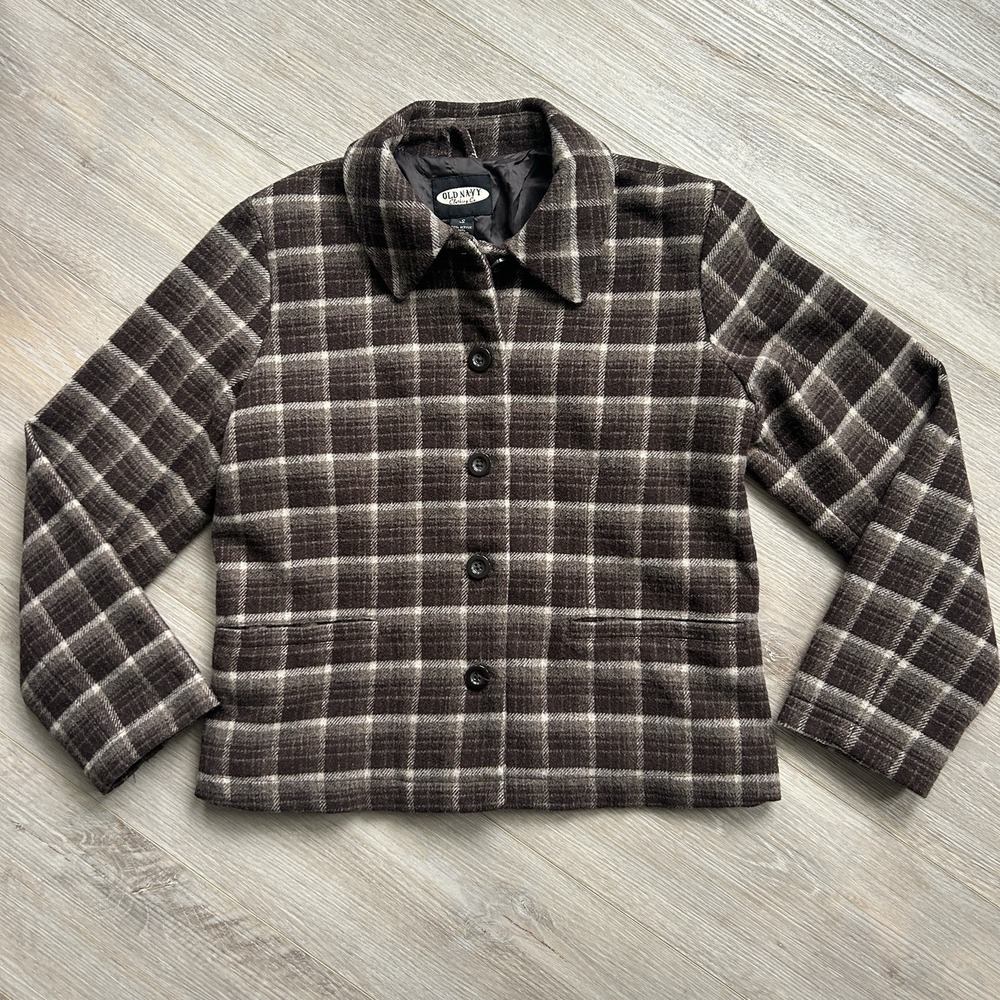 VTG Old Navy Small Wool Blend Brown Plaid Shacket Womens